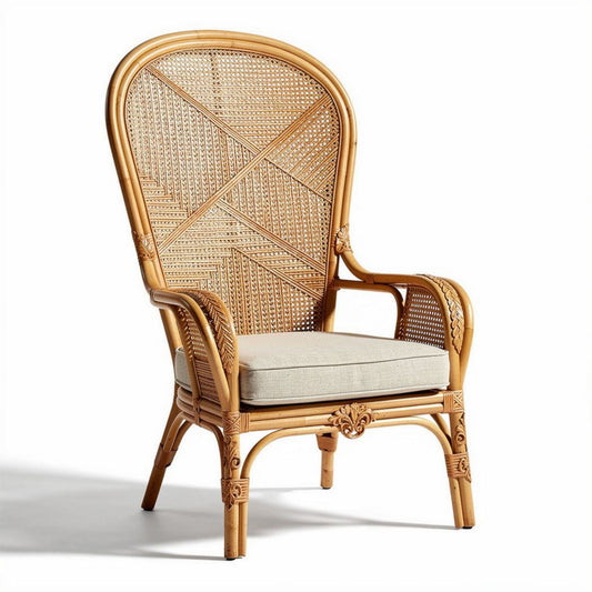 Fauteuil en rotin pour intérieur ou extérieur avec coussin en tissu - 90 x 70 x 110